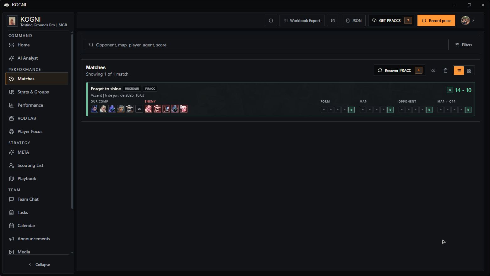 kogni Matches view showing PRACC search, result, team compositions, and recent form