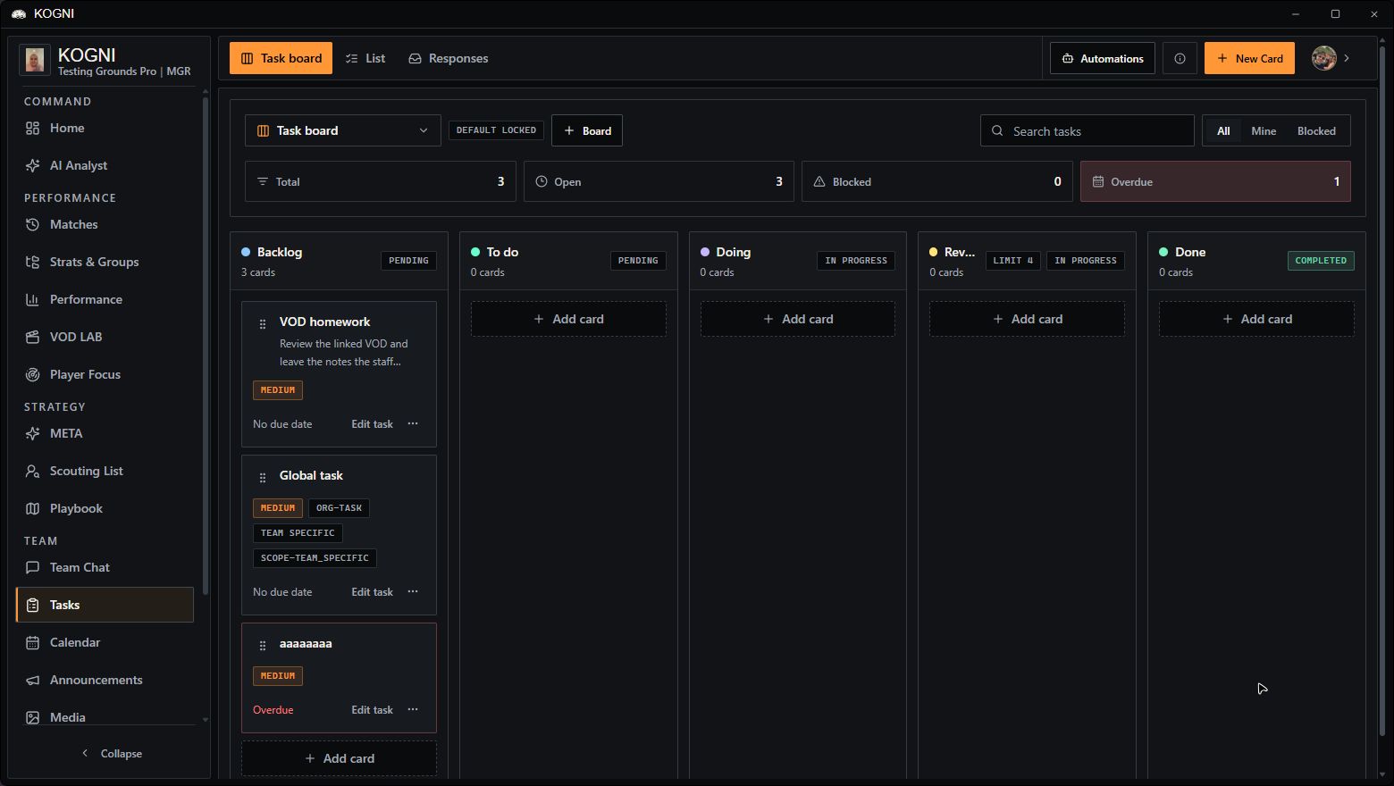 kogni team task board showing workload counters, review states, and assigned follow-up cards