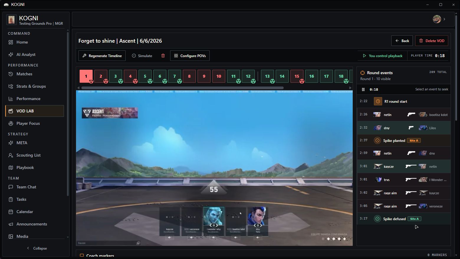 kogni VOD LAB showing synchronized playback, round selection, and the round event feed
