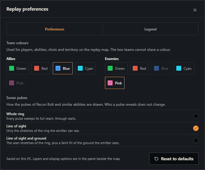 The Replay preferences dialog with team colour choices for allies and enemies and three sonar pulse styles.