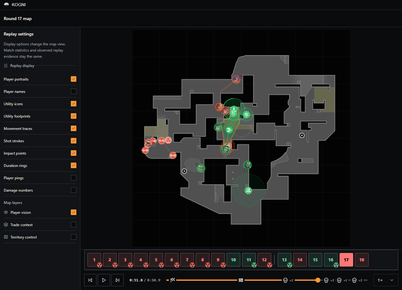 The fullscreen replay workspace: replay settings on the left, the tactical map with player portraits and active abilities in the middle, the round strip and the timeline below.