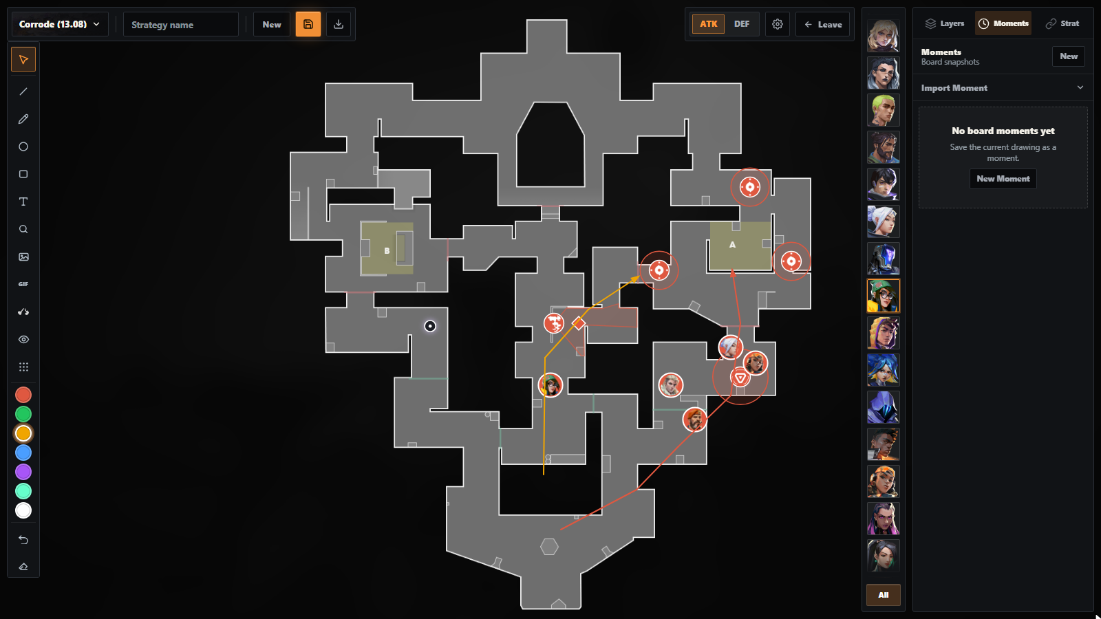 The Strategy Board on Corrode 13.08 with an A site execute: three Sky Smokes, a Stim Beacon, the attacking agents in A Main and two route arrows from spawn and mid.