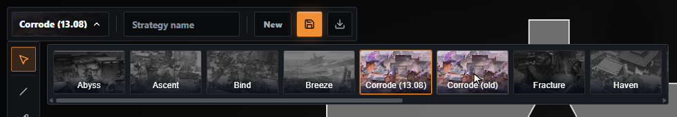 The Strategy Board map picker open, with Corrode (13.08) selected and Corrode (old) next to it, both shown in colour.