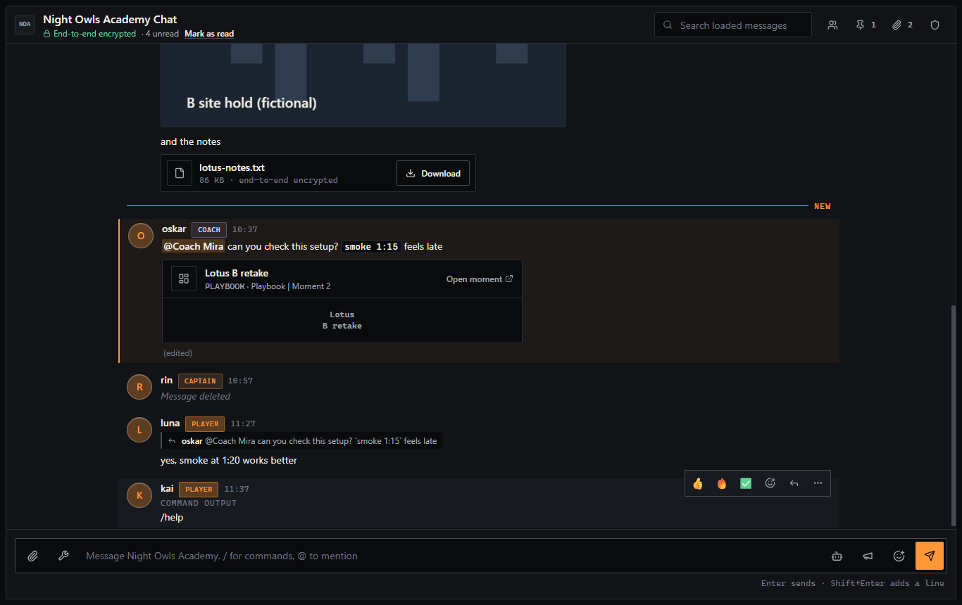 Team Chat with grouped messages, a New line, a highlighted mention, a reply and the hover toolbar with quick reactions.